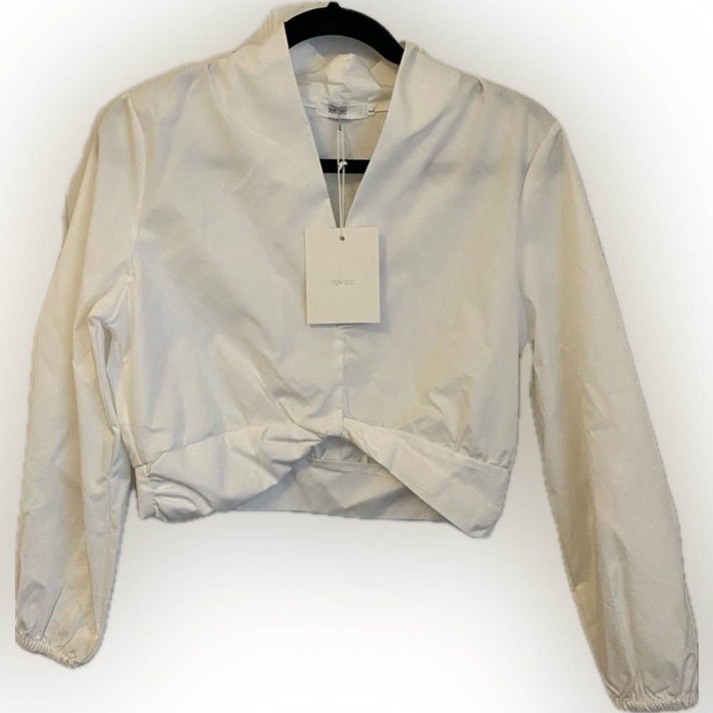 70/21 Lantern Sleeve V Neck Blouse White Large with Side Zipper